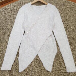 Pearl Button Asymmetric Wrap Knit Top Soft Elegant Sweater